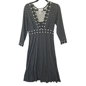 Dragonfly Black White Geometric Print V Neck 3/4 Sleeve Midi Dress Size M